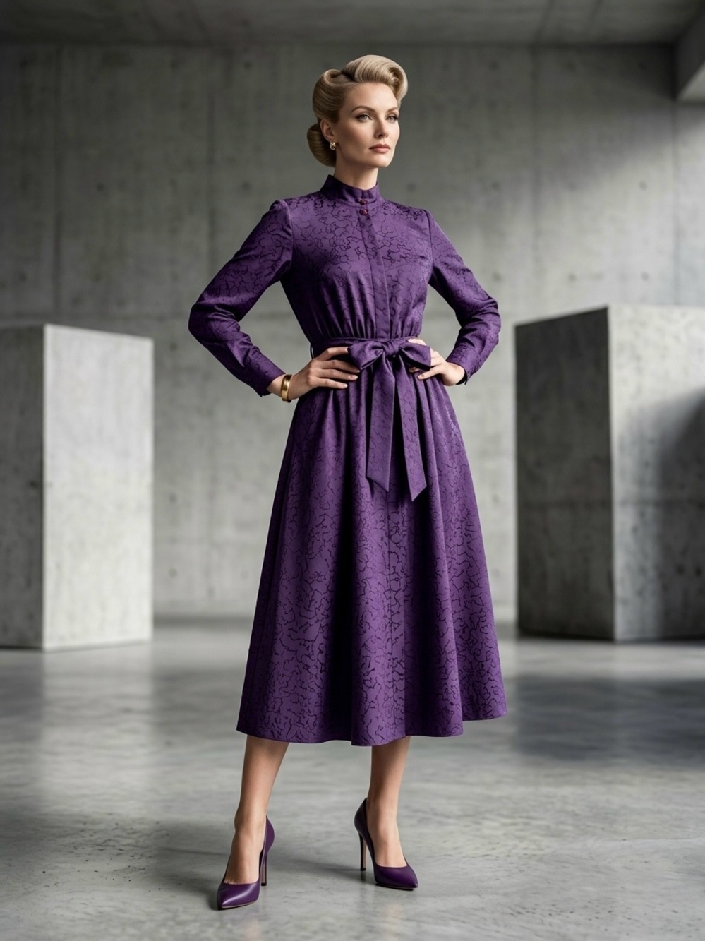 Vintage 80s Purple Silk Jacquard Midi Dress M